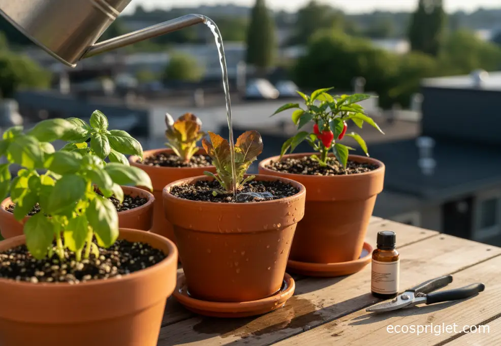 Metal watering can beside indoor vegetable pots, with water draining from terracotta containers into saucers at golden hour.