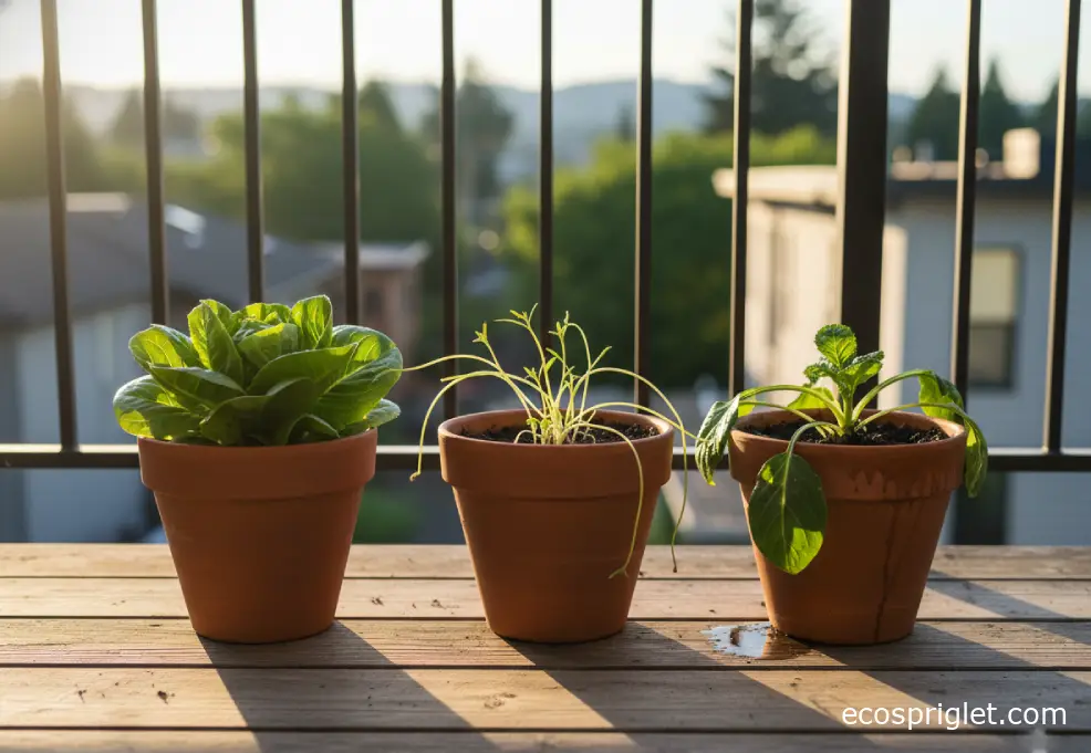 An indoor vegetable setup showing one leggy seedling, one overwatered pot, and healthy compact greens for contrast.