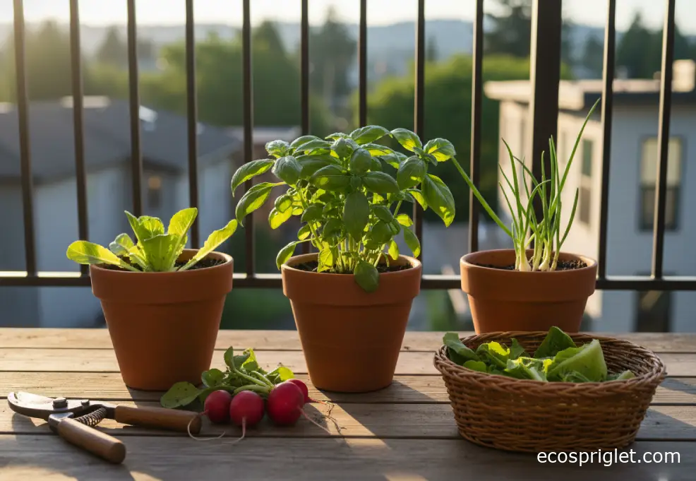 A compact indoor harvest station with cut lettuce, basil, scallions, and radishes arranged beside terracotta pots.