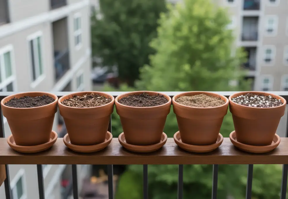 Five labeled terracotta pots on a narrow balcony shelf showing different potting mix textures for herbs, houseplants, and tomatoes.