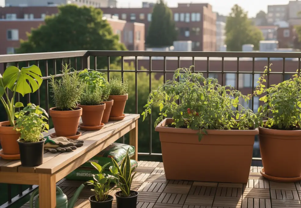 Compact terrace potting bench with one tomato pot, a cluster of herbs, and several smaller houseplants ready for repotting.