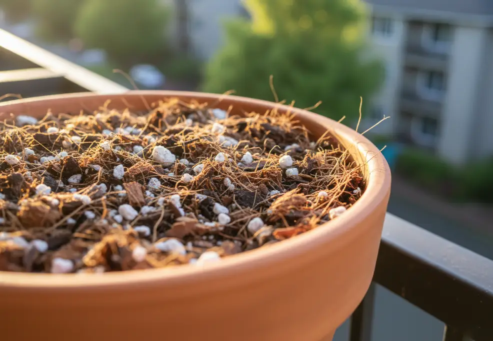 Close-up of airy potting mix with visible coir and perlite in a terracotta pot on a balcony railing.