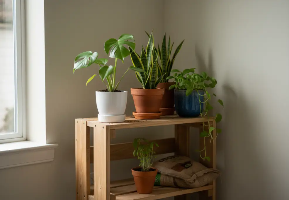 Small indoor plant shelf with a few repotted houseplants, an herb pot, and a folded bag of potting mix underneath.