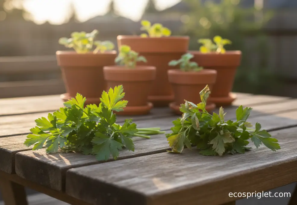 Close-up of slightly wilted parsley beside a crisp bunch on a rustic terrace table in warm light.