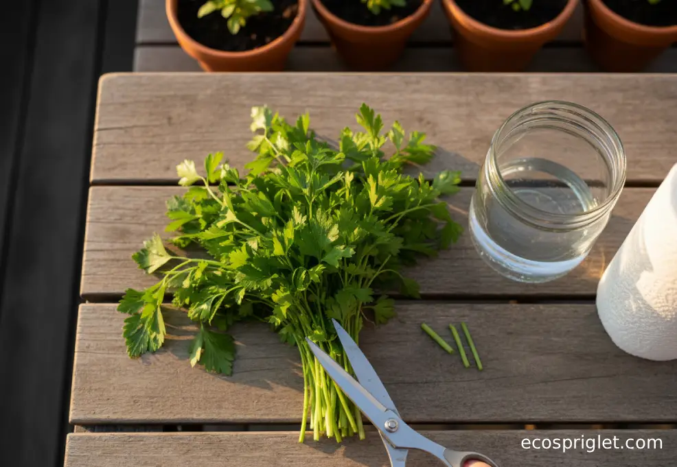 Fresh parsley being trimmed with kitchen shears on a small terrace table with a glass jar and paper towels nearby.