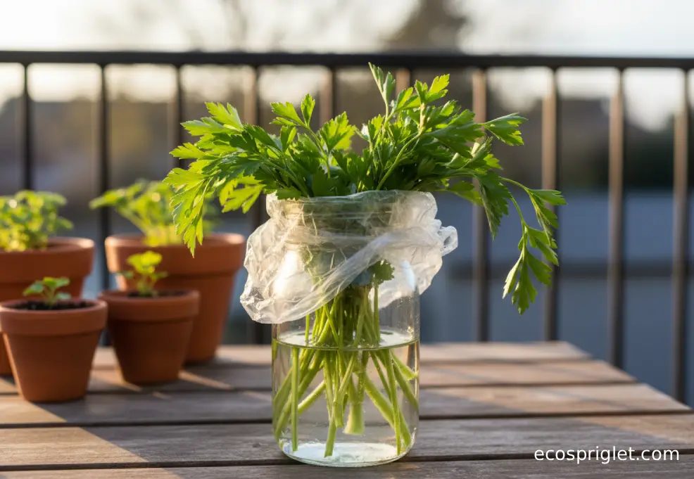 A glass jar holding parsley stems in water with a loose plastic bag over the leaves on a terrace table.
