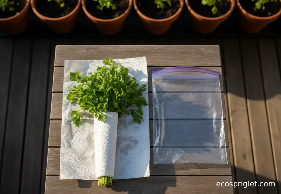 Parsley laid on a slightly damp paper towel and rolled up beside a partially open zip-top bag on a terrace table.