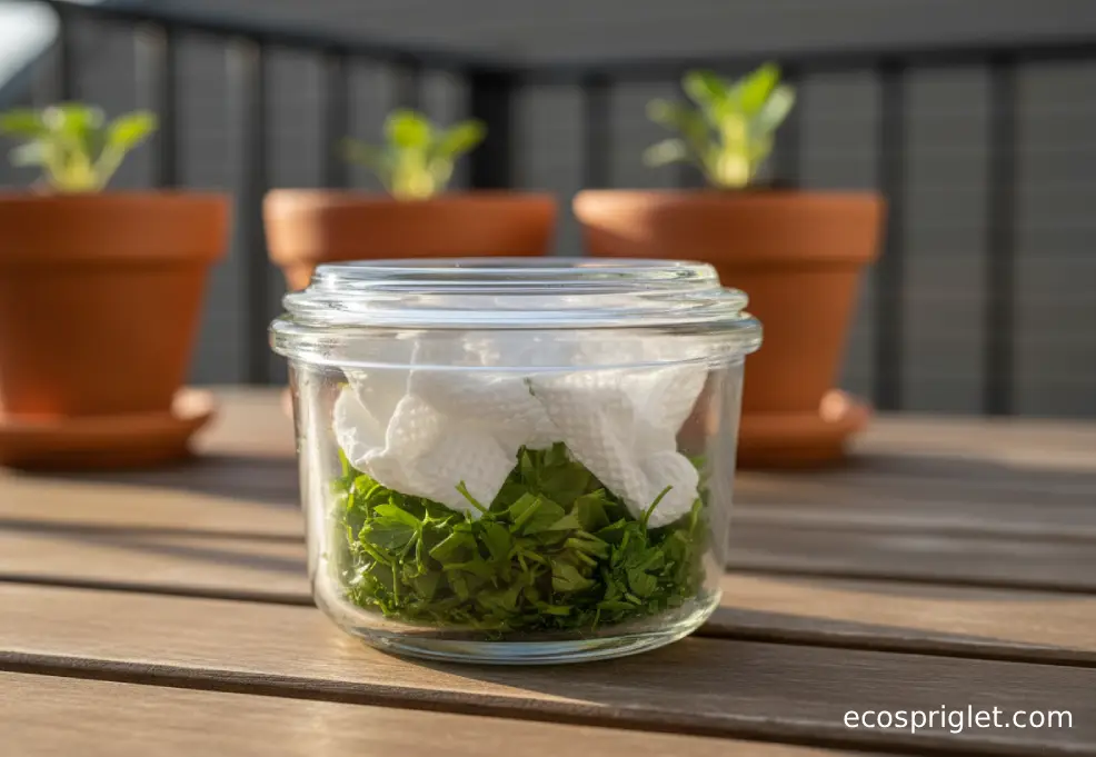 Chopped parsley in a small glass container lined with a dry paper towel on a terrace table in warm light.