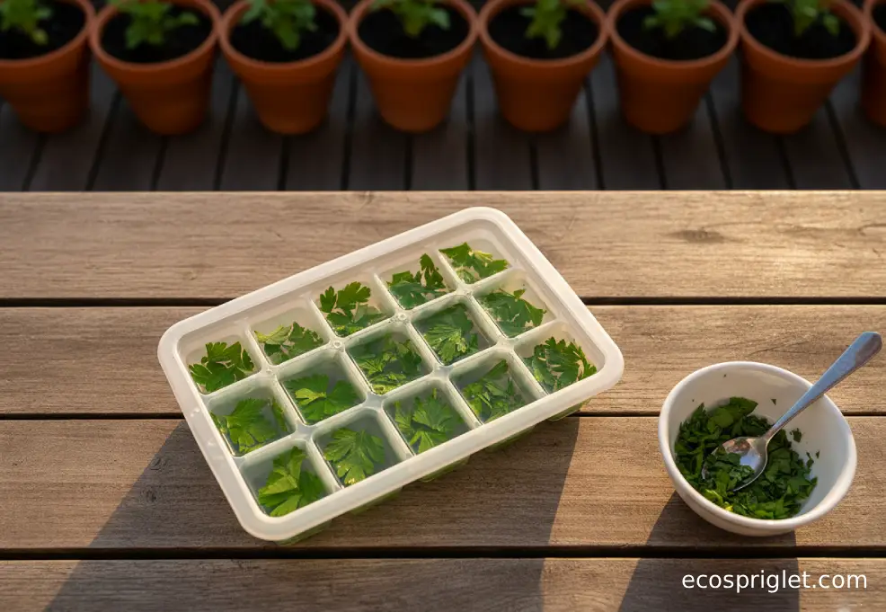 An ice cube tray filled with chopped parsley and water ready for freezing on a terrace table with terracotta pots behind.