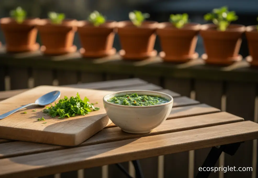 A small bowl of bright green parsley sauce beside a cutting board with chopped parsley on a terrace table at golden hour.
