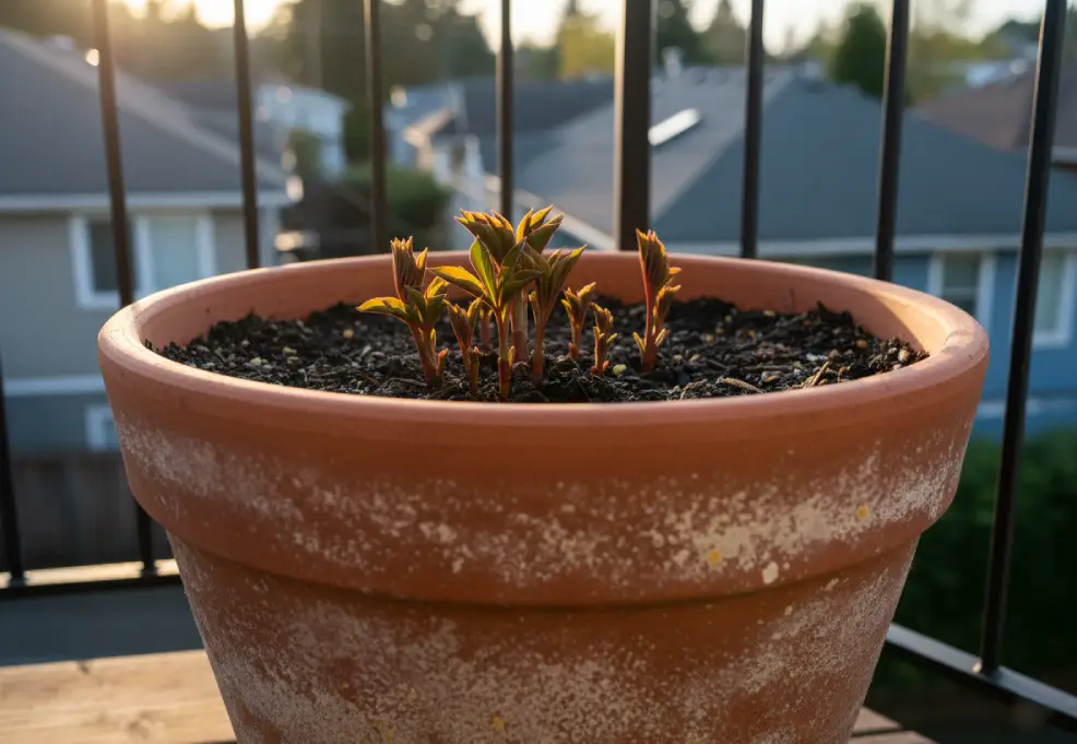 Large terracotta pot with peony shoots emerging from dark potting mix on a balcony.