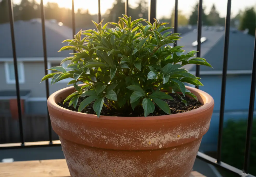 Compact peony plant with healthy foliage growing in a large terracotta pot on a balcony.