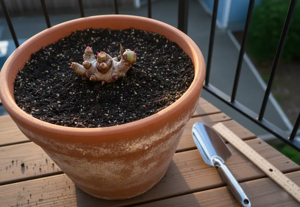 Bare-root peony crown set in a pot with buds near the soil surface and a hand trowel nearby.