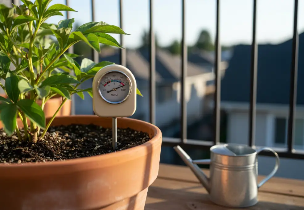 Moisture meter in a terracotta pot beside peony leaves with a small watering can on the deck.