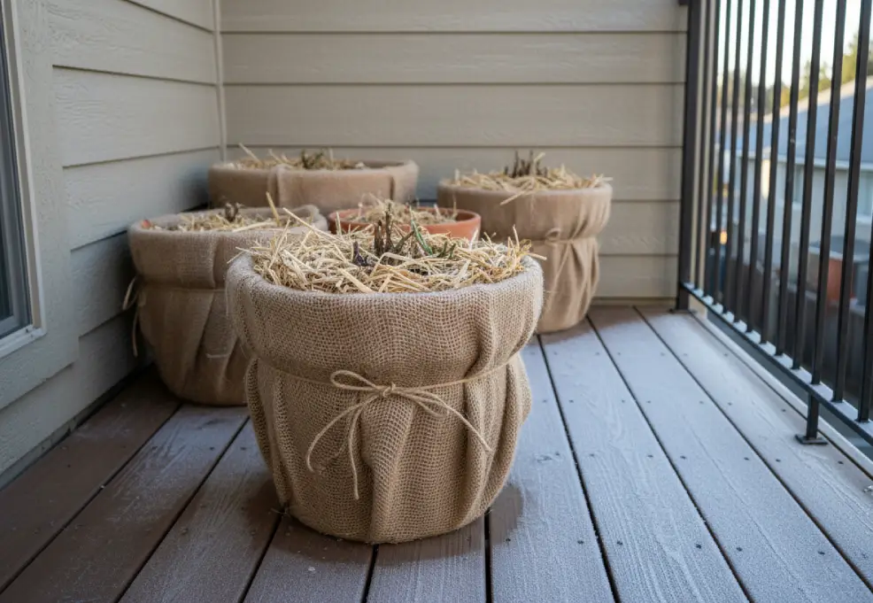 Insulated patio pot wrapped in burlap and surrounded by mulch on a frosty balcony.