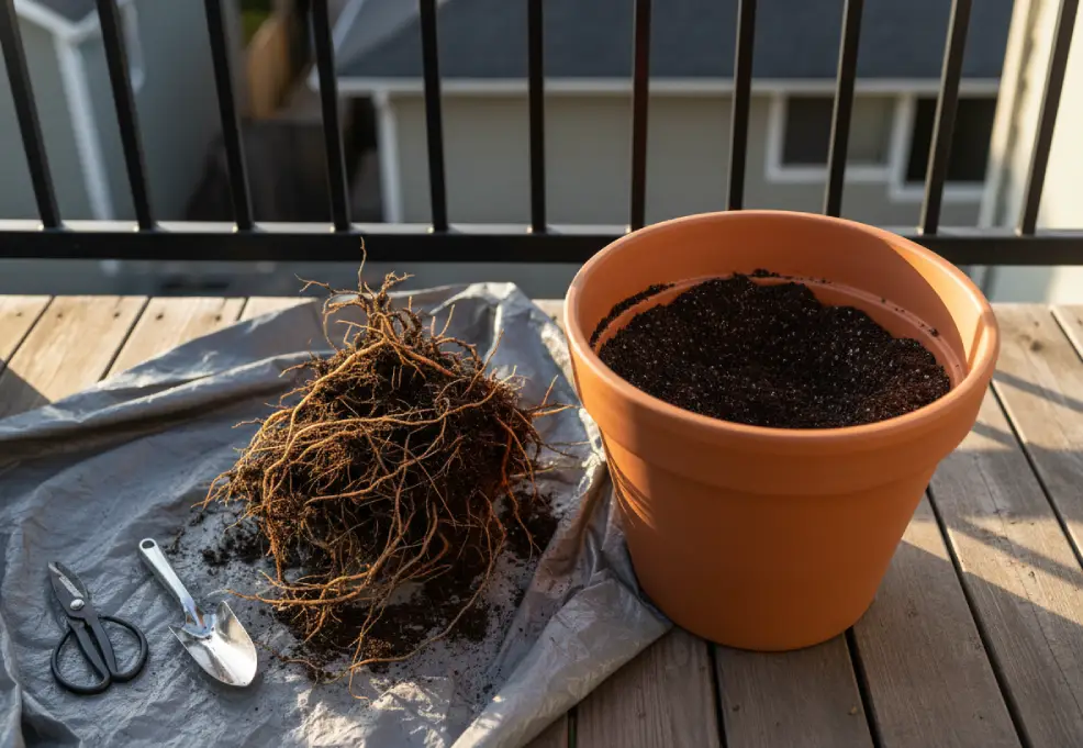 Peony root ball next to a large planter with fresh potting mix and gardening tools on a table.