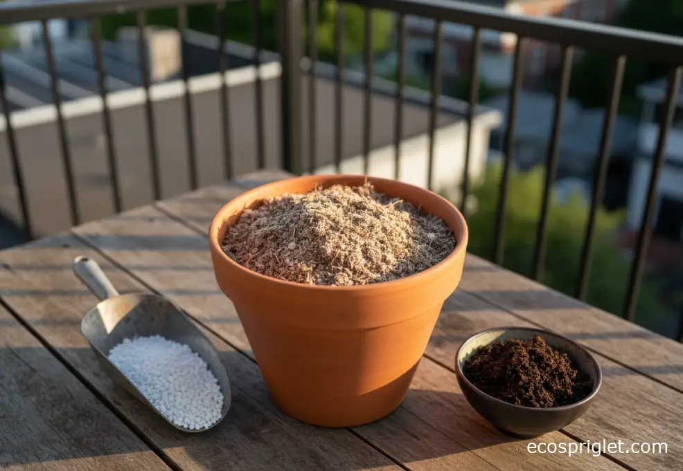 Top-down view of a terracotta pot being filled with fluffy potting mix beside a scoop of perlite and compost on a terrace table.