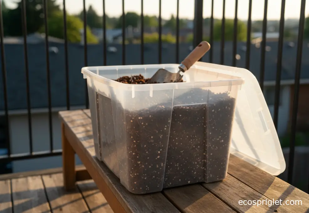 A lidded storage bin of leftover potting mix with a scoop on a terrace bench in warm light.