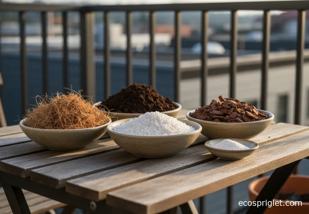 Close-up of five bowls containing coir, compost, perlite, bark fines, and lime on a wooden terrace table.