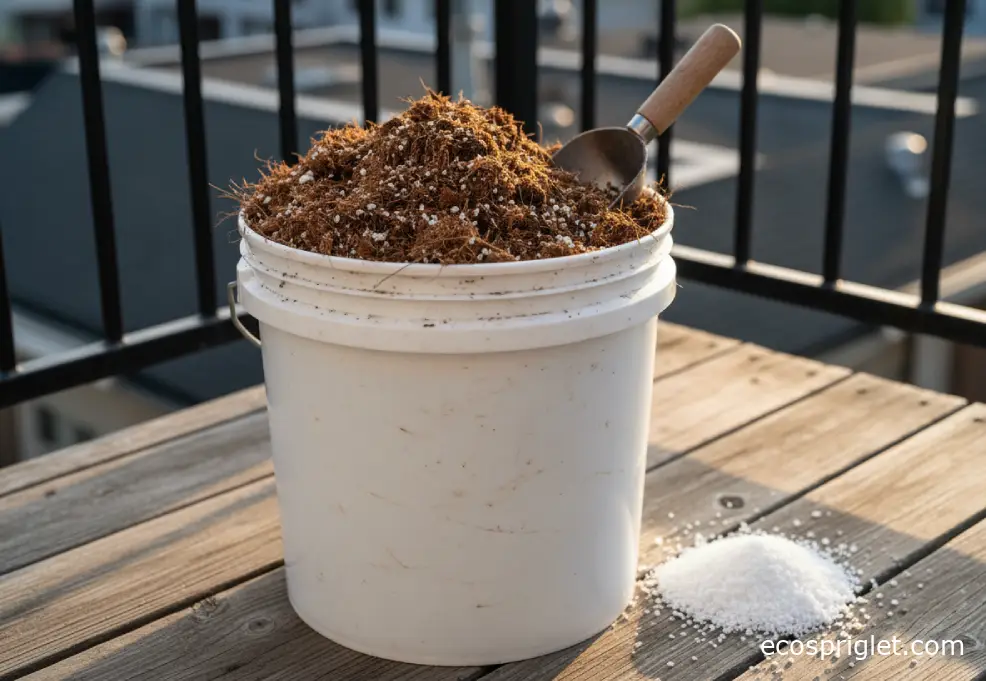 A 5-gallon bucket of DIY potting mix on a terrace next to a measuring scoop and loose perlite.