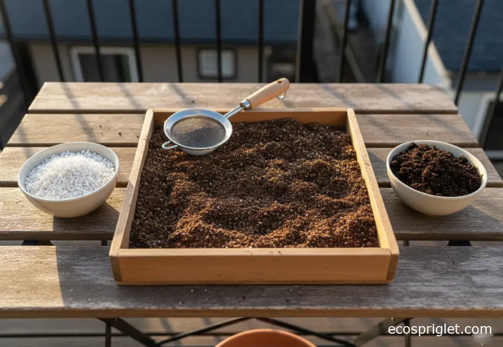 Sifted garden soil in a tray beside bowls of perlite and compost on a terrace table.