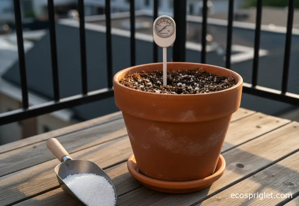 A moisture meter inserted into a terracotta houseplant pot with perlite on a scoop nearby.