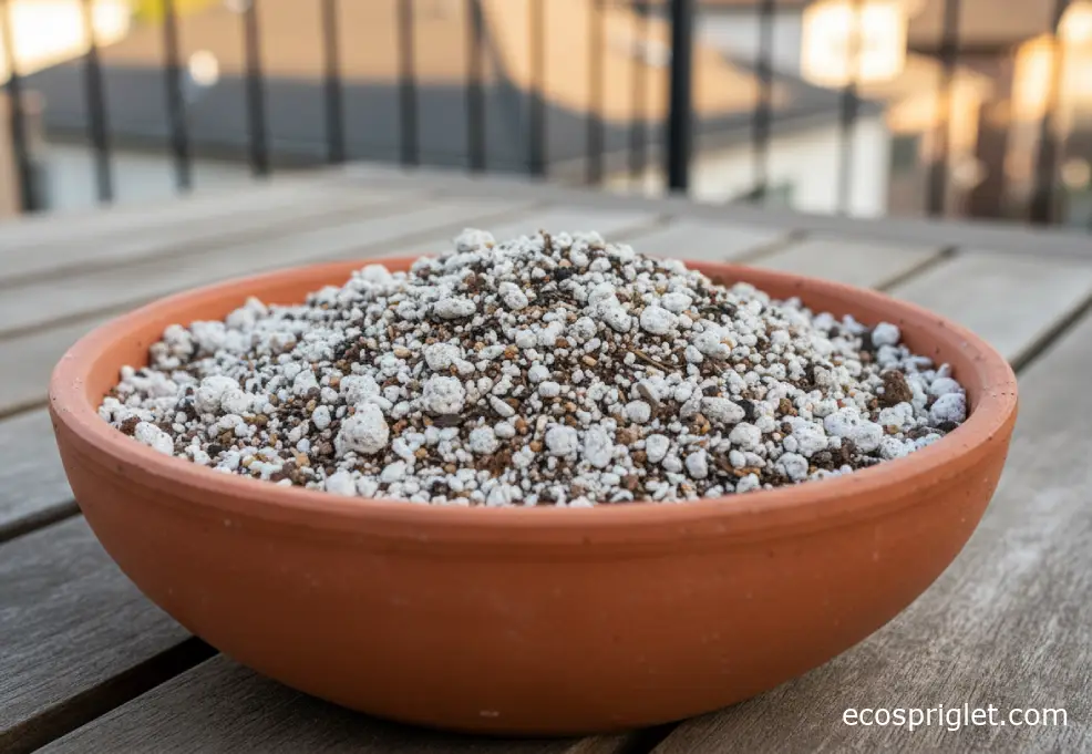 A shallow terracotta bowl filled with gritty succulent potting mix with visible pumice and coarse sand.