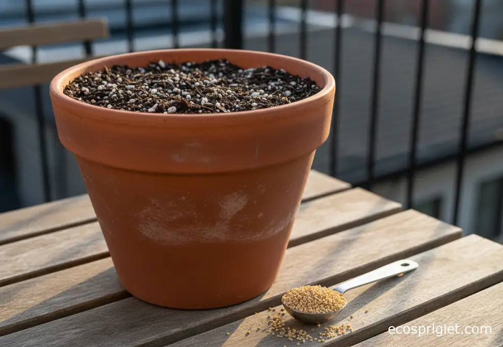A deep terracotta container being filled with compost-rich potting mix beside a small scoop of granular fertilizer.