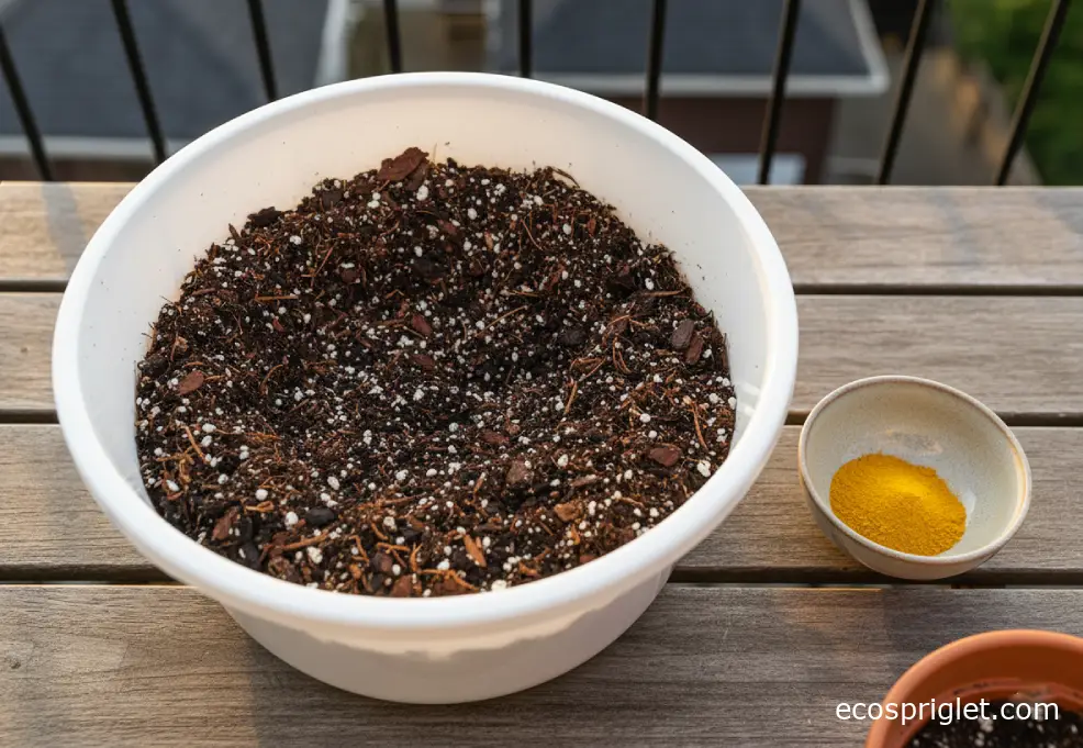 A tub of potting mix with pine bark fines beside a small bowl of sulfur on a terrace table.
