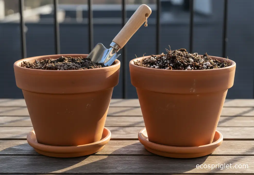 Two terracotta pots showing compacted soil versus fluffy potting mix with a hand trowel on a terrace table.