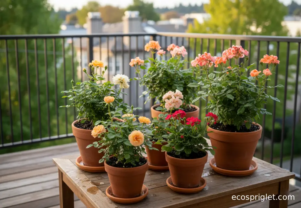 Compact patio and miniature rose bushes in terracotta pots on a small urban balcony.