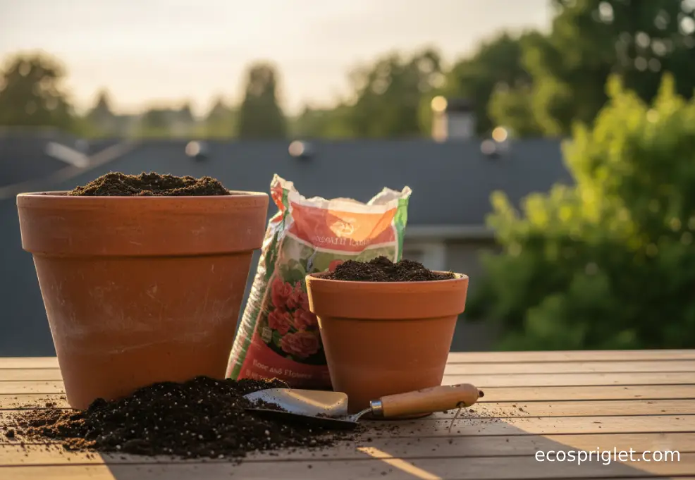 Big terracotta pots of rose potting mix and a bag of rose and flower soil on a small balcony.