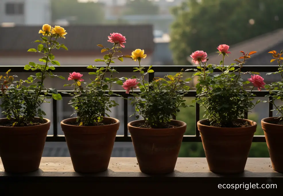Potted roses along a sunny balcony railing with a mix of light and shade.