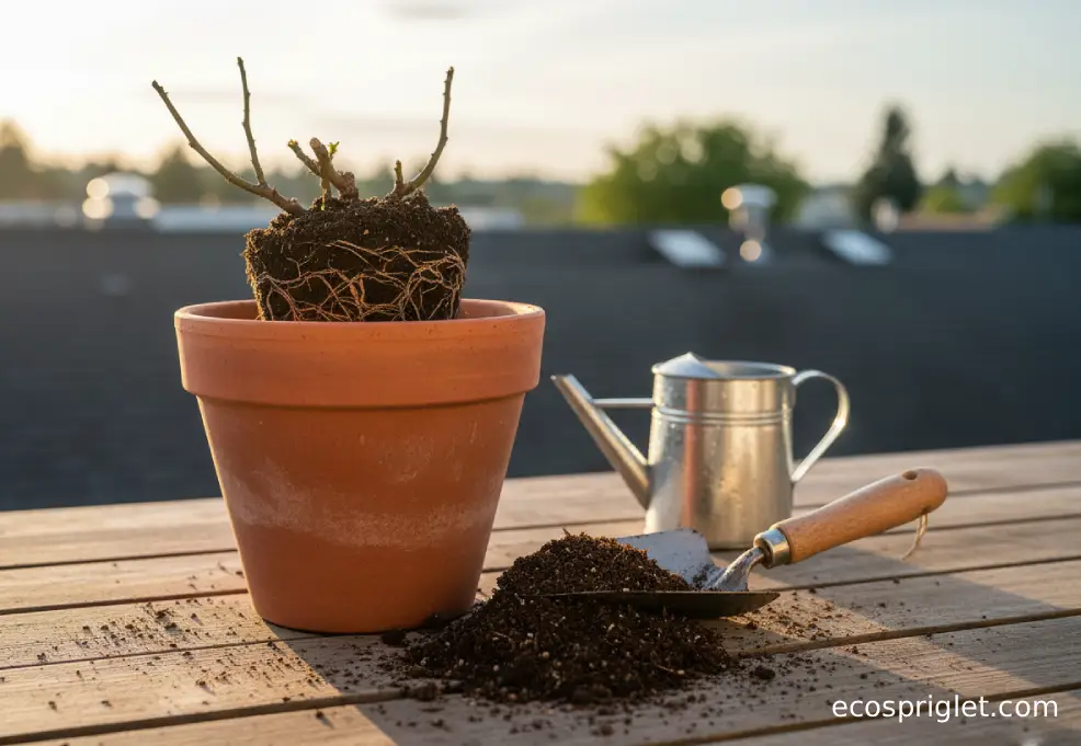 Potted rose being transplanted into a larger terracotta container with fresh mix on a balcony.