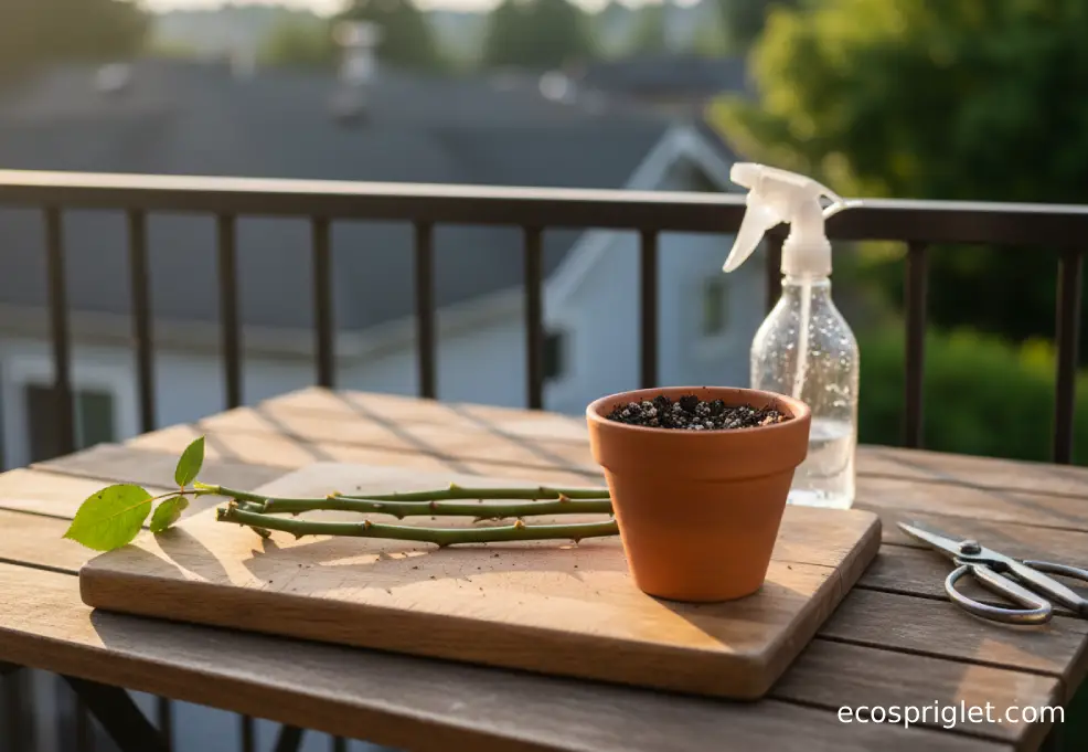 Prepared rose stem cuttings and a small pot of moist mix on a wooden balcony table.
