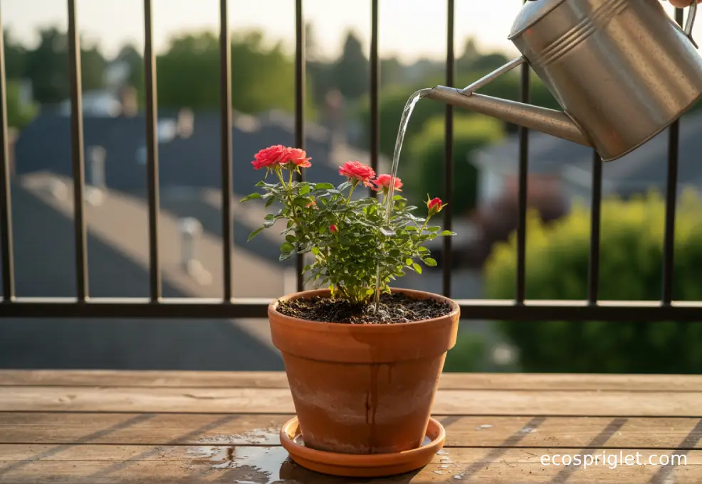 Watering a potted rose deeply until water drains from the terracotta pot.