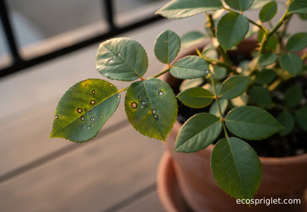 Yellowing rose leaf with black spots on a potted balcony rose.