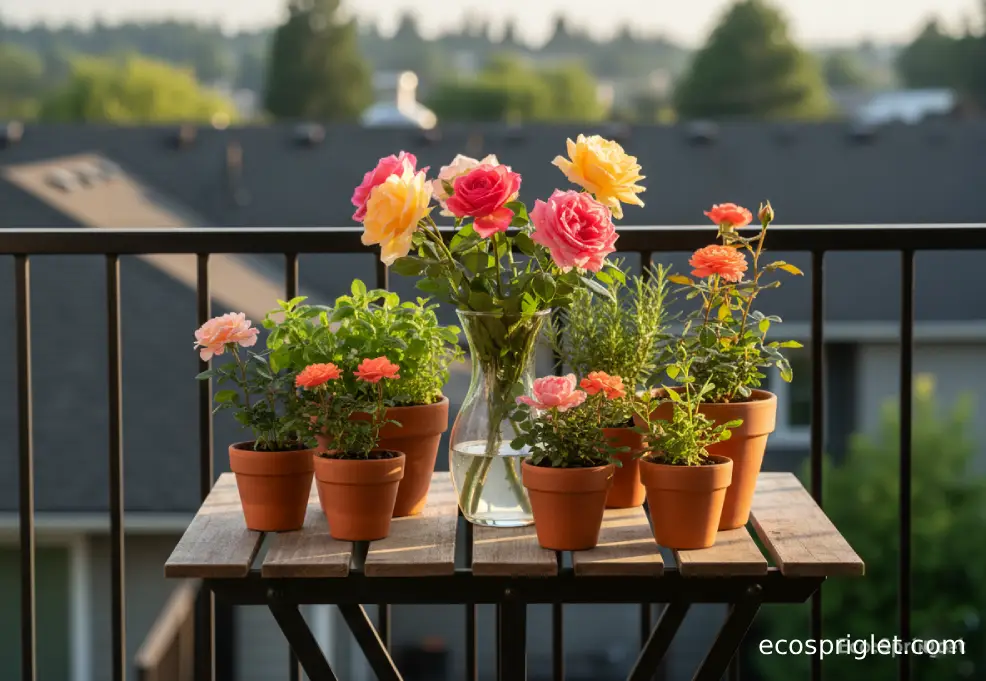 Vase of balcony-grown roses on a small table surrounded by potted roses and herbs.
