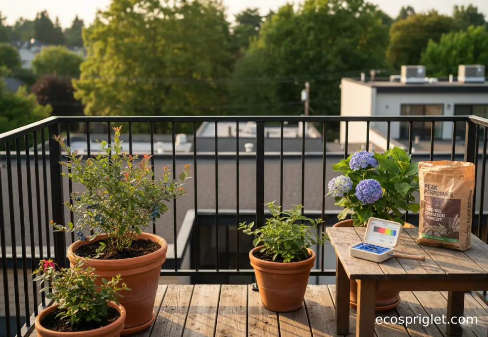 Terracotta pots with blueberry and hydrangea plants on a small terrace beside a hand trowel and soil pH test kit in warm evening light.