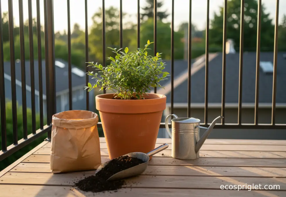 Open bag of elemental sulfur beside peat-free ericaceous compost and terracotta containers on a compact wooden terrace.