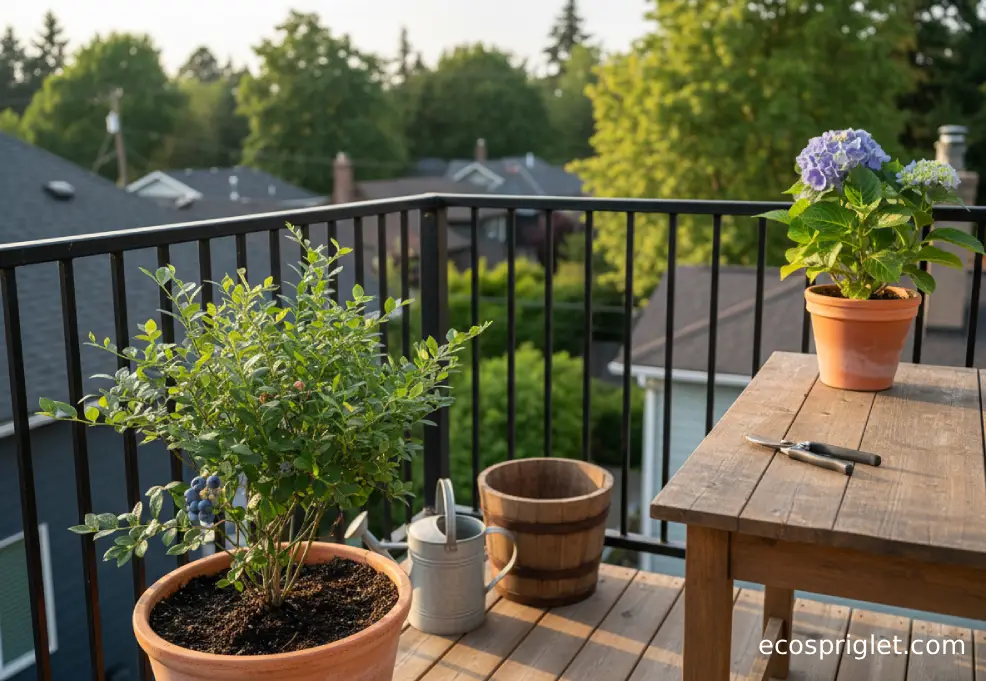 Blueberry shrub in a large terracotta pot filled with acidic compost, with a watering can and rainwater barrel on a balcony.