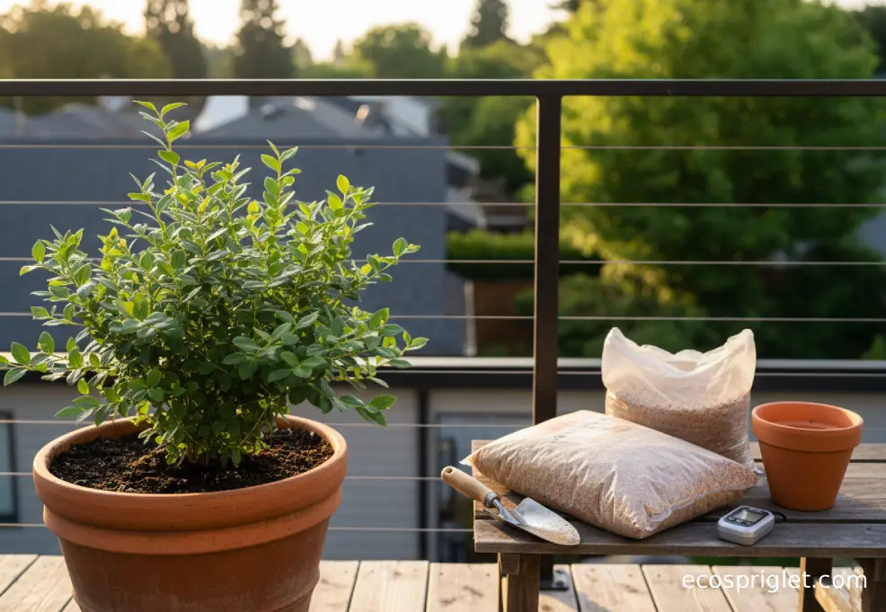 Balcony gardening setup showing generic potting mix beside one proper acidic compost pot, highlighting common beginner errors.