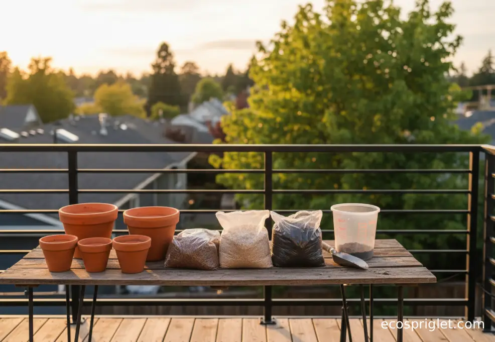 Neatly stacked bags of topsoil, potting mix, and ericaceous compost beside empty terracotta containers of different sizes on a terrace.
