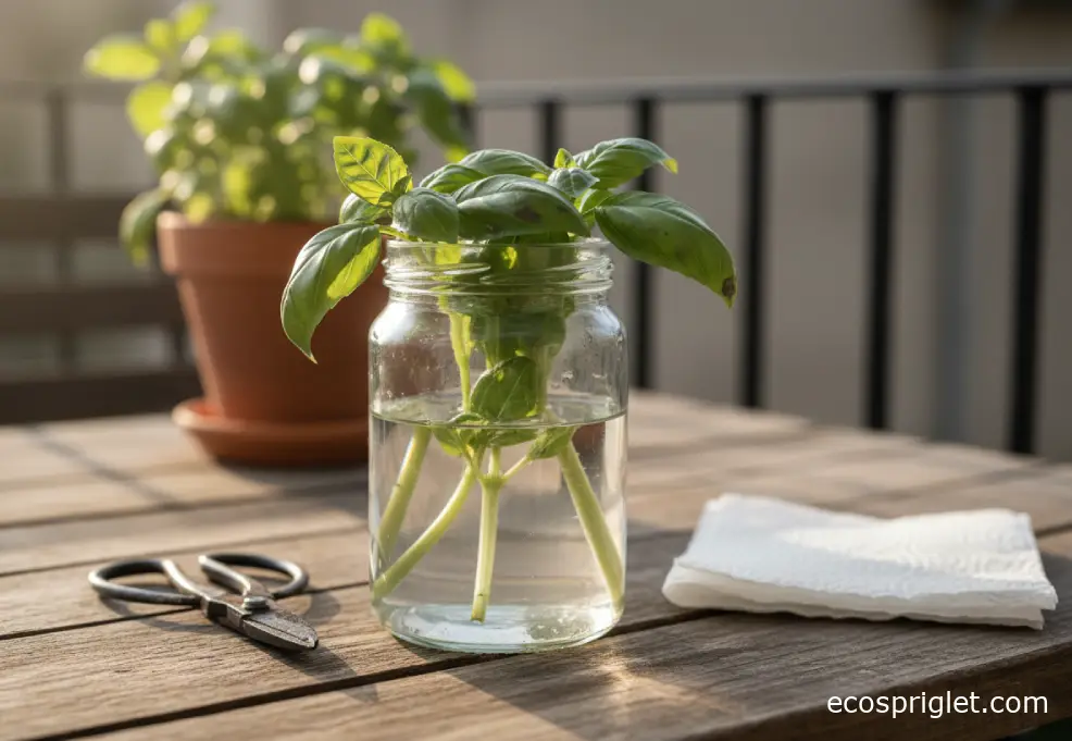 Close-up of basil stems in a glass jar on a balcony table with a few lightly bruised leaves.