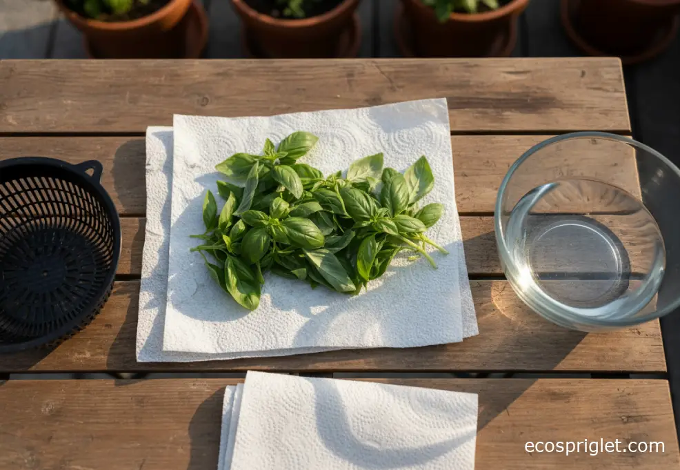 Basil sprigs drying on paper towels beside a bowl of water on a balcony table.