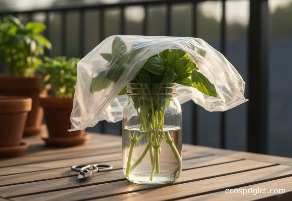 Basil stems in a mason jar of water loosely covered with a produce bag on a balcony table.