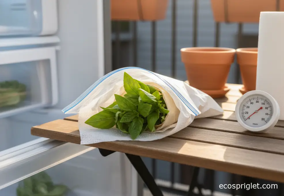 Basil wrapped in a paper towel inside a partially open bag, ready for the fridge crisper.
