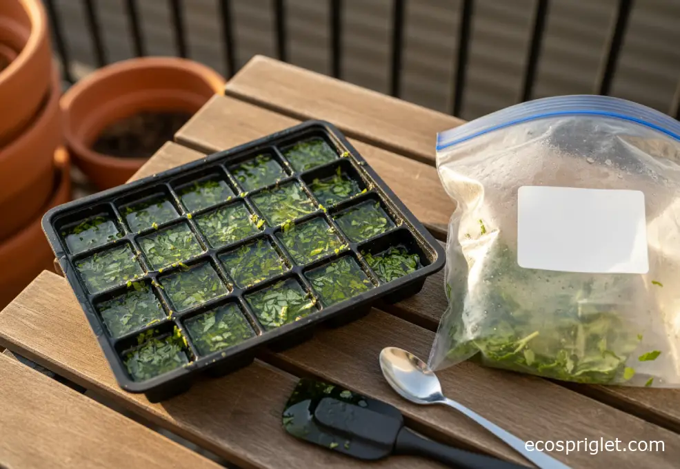 Chopped basil in an ice cube tray filled with olive oil beside a freezer bag.