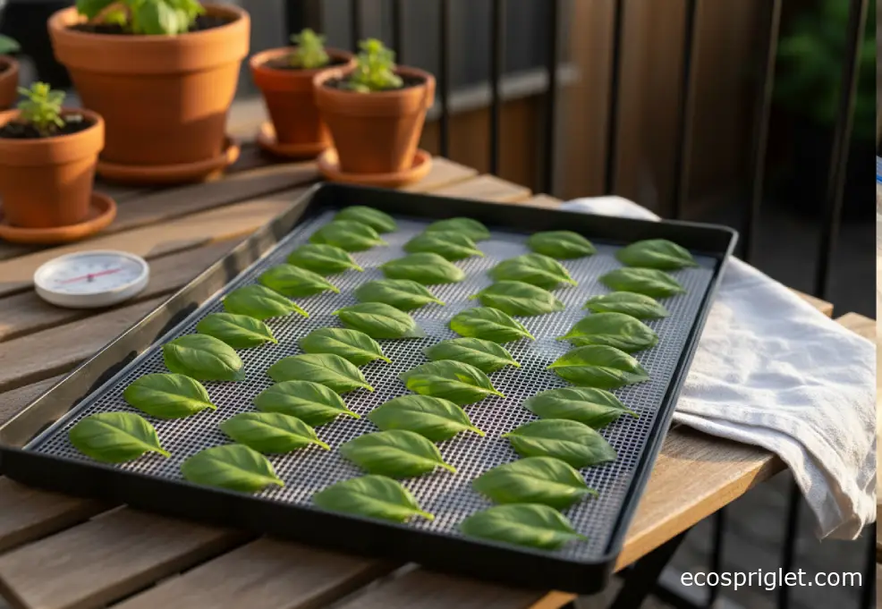 Basil leaves laid in a single layer on a dehydrator tray on a balcony table.
