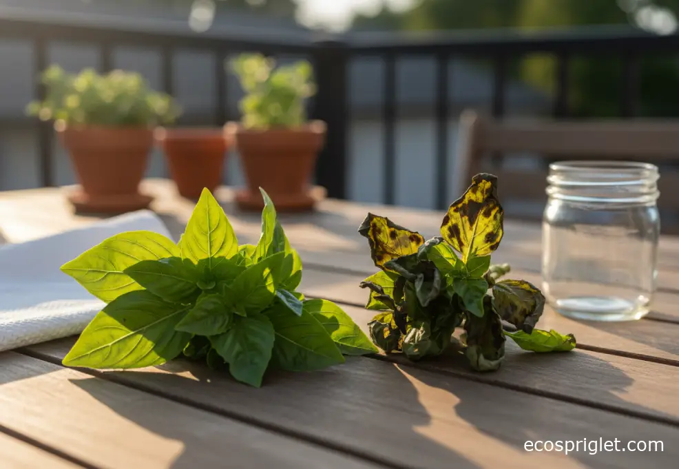 Fresh basil next to basil with a few blackened spots on a balcony table.